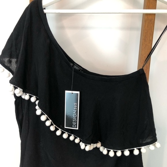 𝅺design 365 black one shoulder blouse with Pom poms size medium - Picture 2 of 6